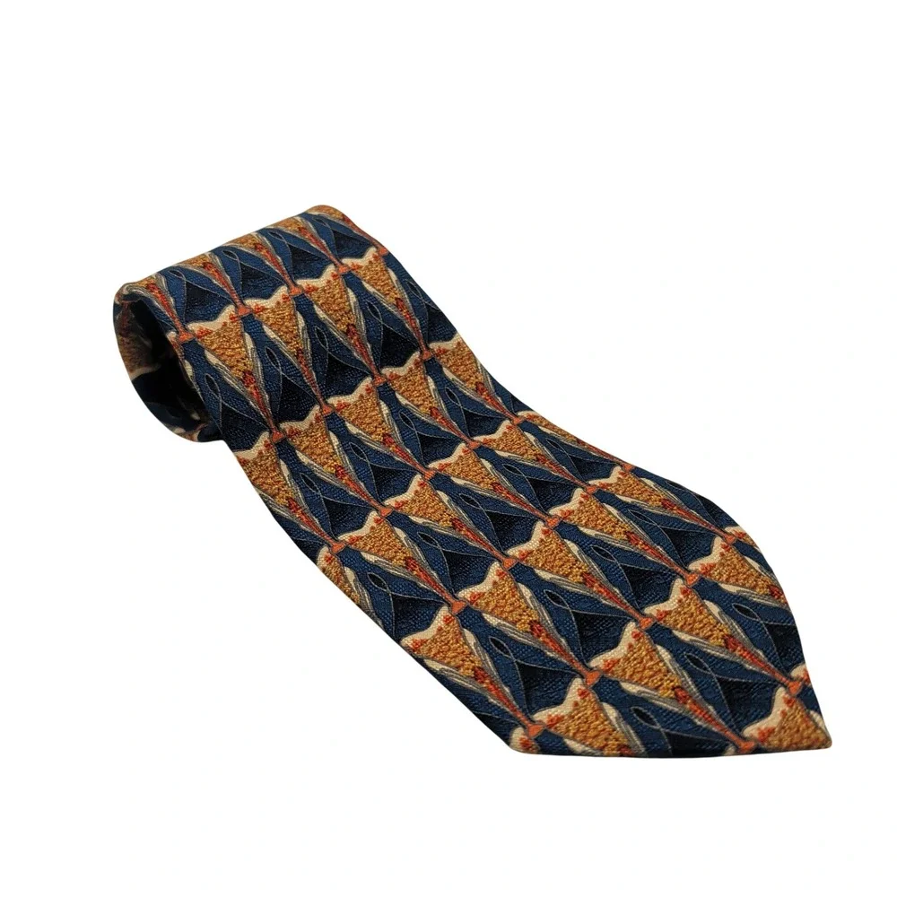 GianCarlo Lamberti Tie Mens Blue Gold Geometric Silk Hand Made Italy Retro